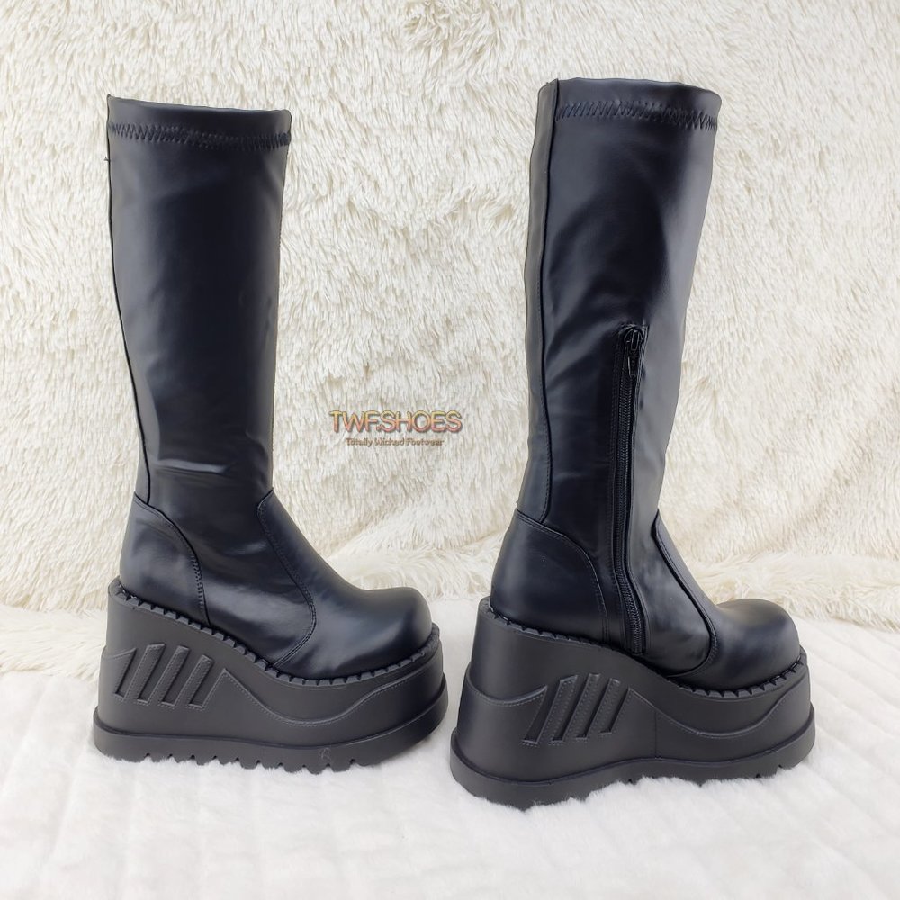 Stretch Platform Wedge Heel Knee Boots Goth Punk - Picture 2 of 9